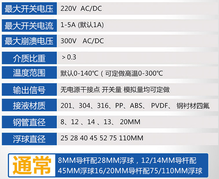 遠傳磁浮球液位計技術參數對照表