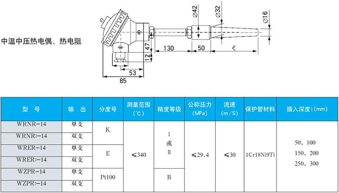 電站測溫專用熱電偶中溫中壓規格表