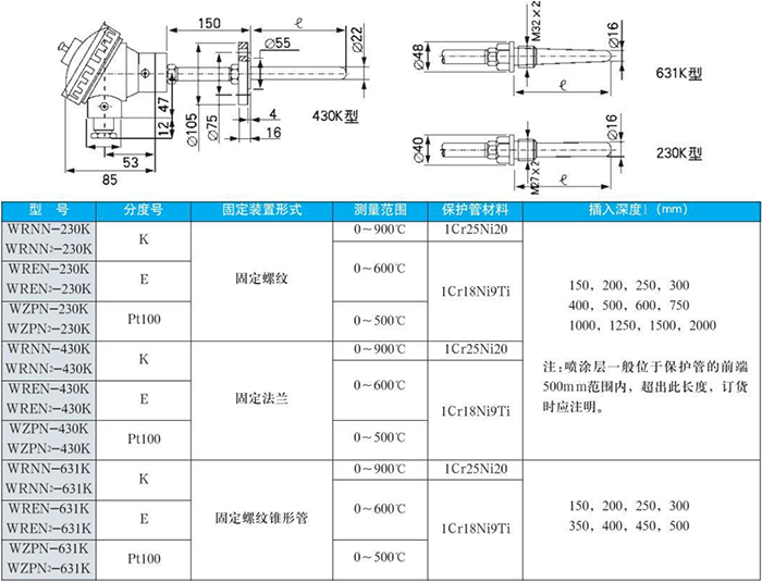 電站測溫專用熱電偶耐磨規格表